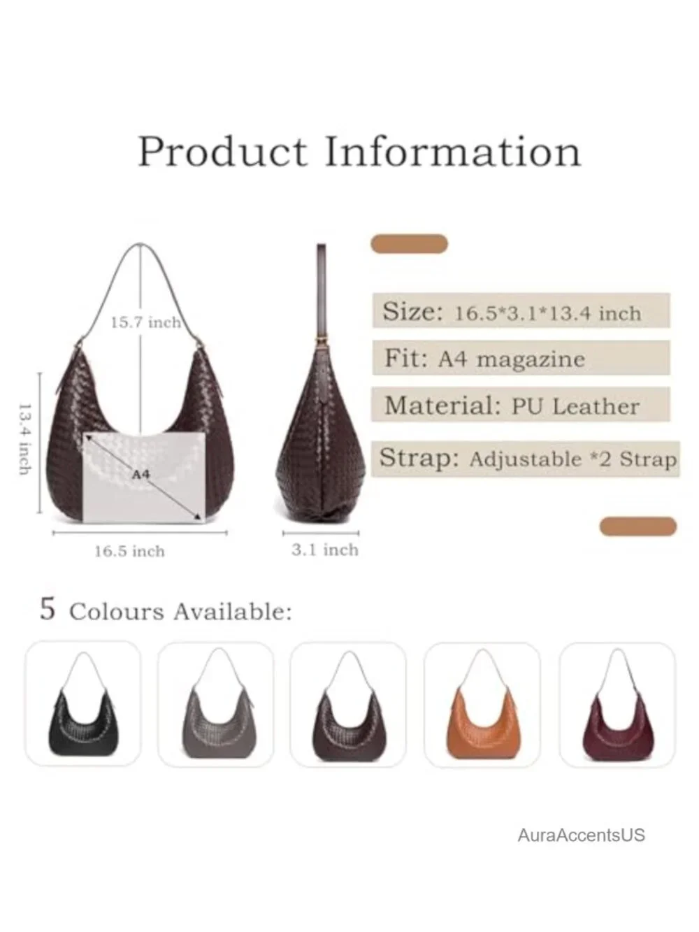 Woven Hobo Bag Large Vegan Leather Crescent Purse Work Travel Daily